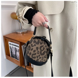 Leopard print canvas and black leather crossbody bag held by a model in a cozy room