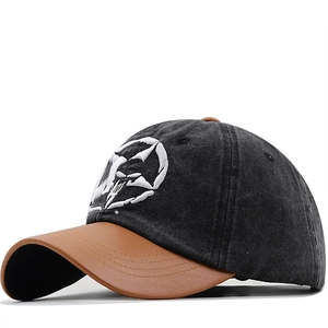Vintage Washed Cotton Denim Baseball Cap With PU Leather Brim Patchwork Embroidered Skull Adjustable Trucker Hat Men Women