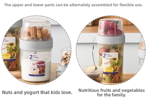 Dual-layer portable food container with transparent compartments for yogurt and salad