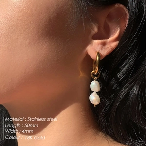Elegant 18K gold plated stainless steel hoop earrings with natural baroque pearl drops