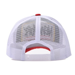 Close-up of white mesh trucker hat back with adjustable red plastic snapback closure