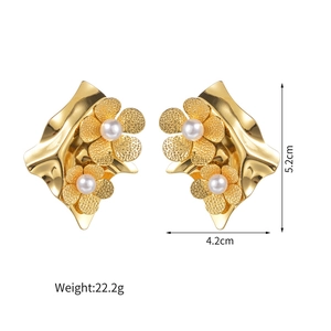 Golden stainless steel tassel flower earrings with white pearls and hammered texture