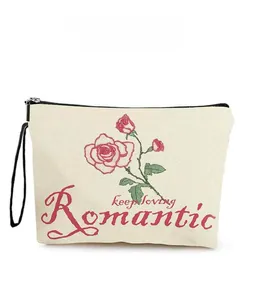 Detailed macro view of the rose pattern and Romantic text on a canvas makeup bag