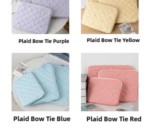 Detailed views of quilted tablet sleeve with bow patterns in purple, yellow, blue, and red