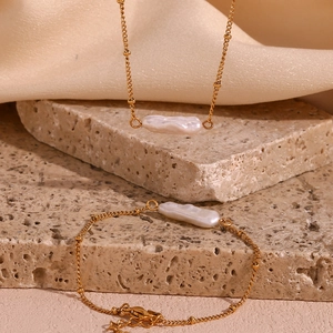 Artificial Baroque Pearl Pendant Necklace And Bracelet 18K Gold Plated 316L Stainless Steel Bead Chain Jewelry For Women