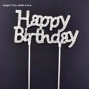 Silver Happy Birthday cake topper with rhinestones, 17cm height and 9.5cm width