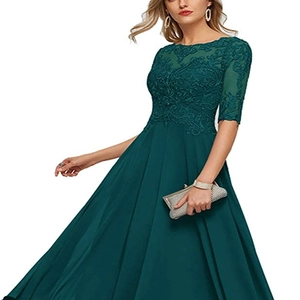 Elegant dark green lace evening dress with sheer half sleeves and chiffon skirt