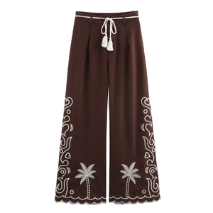 Women High Waisted Wide Leg Pants Polyester Coconut Palm Tree Embroidery Ethnic Resort Style Tassel Rope Belt Brown