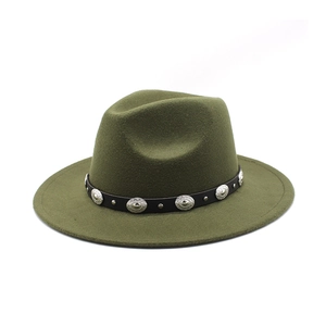 Detail of dark green wool fedora hat with vintage silver metal conchos on leather band
