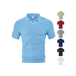 Men's casual striped knit polo shirt featuring breathable textured fabric and seven colors