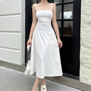 Women Elegant Midi Camisole Dress Square Neck Ruched Waist A-Line Plain Sleeveless Polyester Spandex Chic Fashion