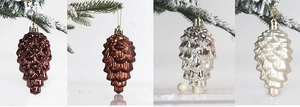 Detail of four 9cm pinecone ornaments in glossy, matte, silver, and pearl finishes