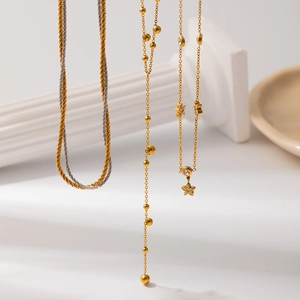 Stainless Steel Necklace For Women Gold And Silver Toned Twisted Chain Ball Tassel Lariat Pendant Zircon Minimalist Jewelry