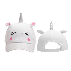 Kids unicorn baseball cap with silver glitter horn and 3D ears in white cotton