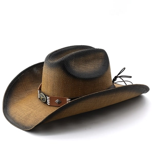 Brown woven cowboy hat with wide brim, leather band with metal studs, and gradient edges
