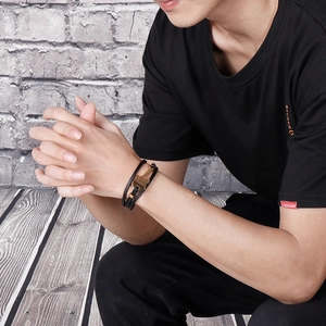 Men's multilayer black leather bracelet with creative golden guitar pendant charm
