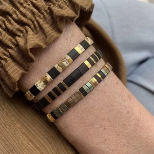 Bohemian Tila bead stretch bracelets set in black and champagne gold for women