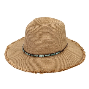 Chapeau de soleil bohème en paille à larges bords effilés avec ruban de perles turquoise