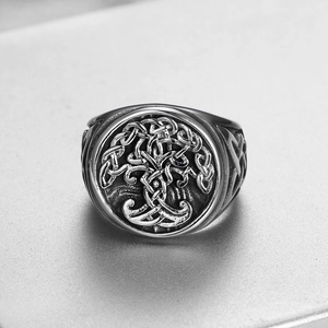 Silver Tree of Life stainless steel ring with Celtic knot relief and braided hollow edge
