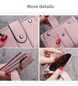Detailed views of pink leather wallet showing card slots, zipper pocket and snap closure