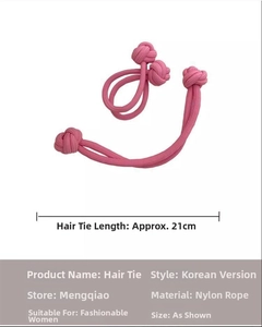 Pink nylon braided ponytail holder with Chinese knot design and 21cm length detail