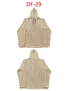 Front and back view of beige half-zip hoodie with drawstring and buttoned placket detail