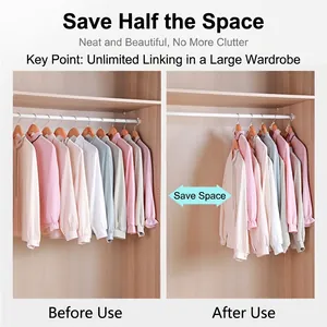 Space-saving stackable plastic hanger connector hooks showing vertical wardrobe organization