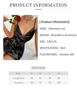 Tableau des tailles détaillé pour nuisette en satin noir avec imprimé de feuilles d'or