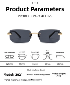 Detailed size specifications for rimless sunglasses with gray lenses and gold metal arms