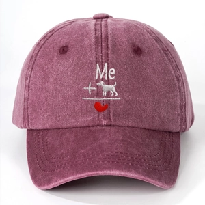 Vintage washed dark pink cotton baseball cap with ME dog embroidery and red heart