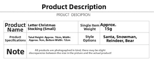 Detailed size chart for Christmas stockings featuring Santa, Snowman, and Reindeer styles