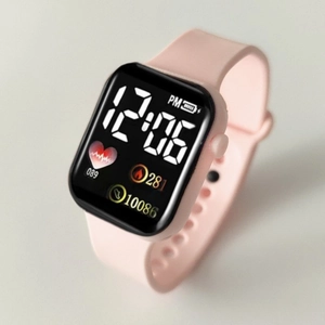 Pink silicone digital LED watch with square black display showing time and health data metrics