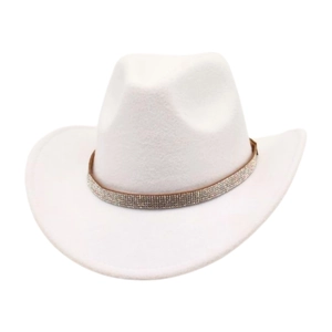 Close-up of white felt cowboy hat featuring a sparkling silver rhinestone headband decoration