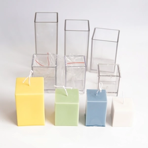Square cube acrylic candle molds in various sizes with colorful handmade pillar candles