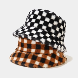 Checkerboard Plush Bucket Hat Faux Fur Winter Warm Soft Outdoor Thickened Fisherman Cap For Women Vintage Fashion