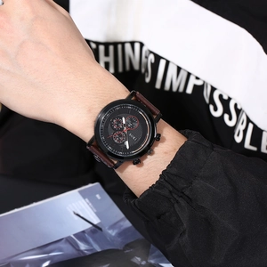Classic men's business quartz watch with a large black dial and brown leather strap