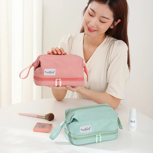 Layered Cosmetic Bag Polyester Large Capacity Portable Travel Toiletry Organizer Handbag For Women Solid Color