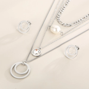 Multi-layer silver necklace set with pearls and round crystal pendants plus stud earrings