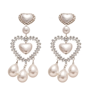 Baroque style pearl drop earrings with heart shape crystals in silver finish