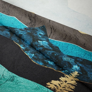 Macro detail of abstract mountain tapestry with golden trees and woven texture