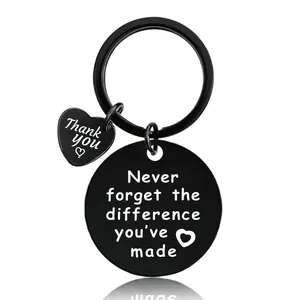 Detail of black stainless steel keychain with engraved thank you message and quote