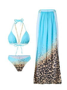 Detailed view of sky blue 3-piece bikini set with gradient leopard print and gold chain