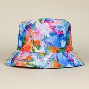 Close-up of colorful tie-dye bucket hat showing detailed stitching and vibrant print patterns