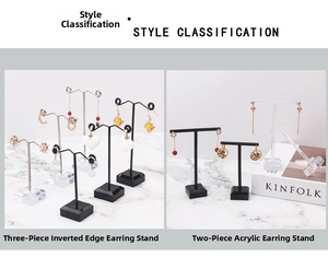 Detailed view of T-shaped metal and acrylic earring display stands in various styles