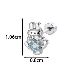 Cartoon silver rabbit earring with blue star gem, size 1.06cm by 0.8cm on white background