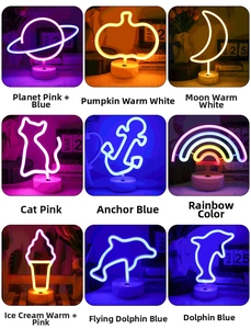 Collage of neon LED desk lamps with round bases in planet, moon, and cat shapes