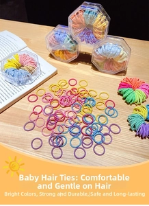 Close-up of colorful elastic hair ties for kids in a portable hexagonal storage box