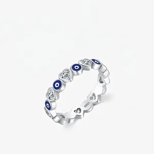 925 Sterling Silver Heart Evil Eye Ring For Women Sparkling Zirconia Enamel Stacking Band Korean Sweet Fashion Jewelry Ring