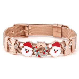 Rose gold 10mm mesh bracelet with Christmas charms and an engraved angel pendant