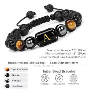 Handmade woven 8mm natural lava stone and obsidian letter A bead bracelet for men
